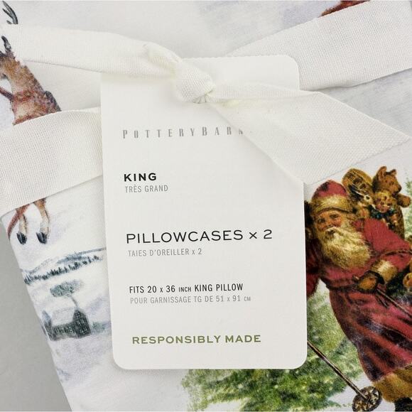 Pottery Barn Pillowcases Set of 2 KING Nostalgic Santa 100% Cotton Christmas - Picture 2 of 5